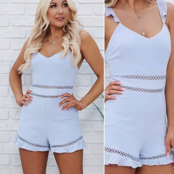 Blue Blush Pants - Blue Blush Sky Blue Ruffle Romper Medium Boho Coastal
